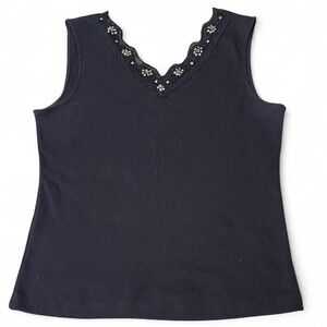 Black sleeveless top with beaded neckline